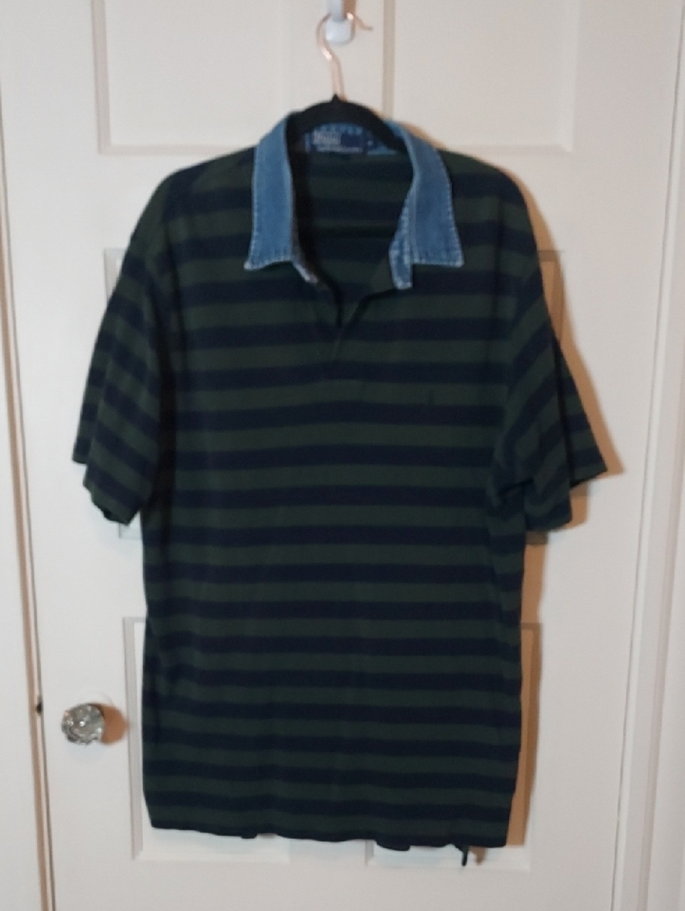 Vintage Polo Ralph Lauren Striped Polo with Denim Collar In Green & Navy SZ XXL